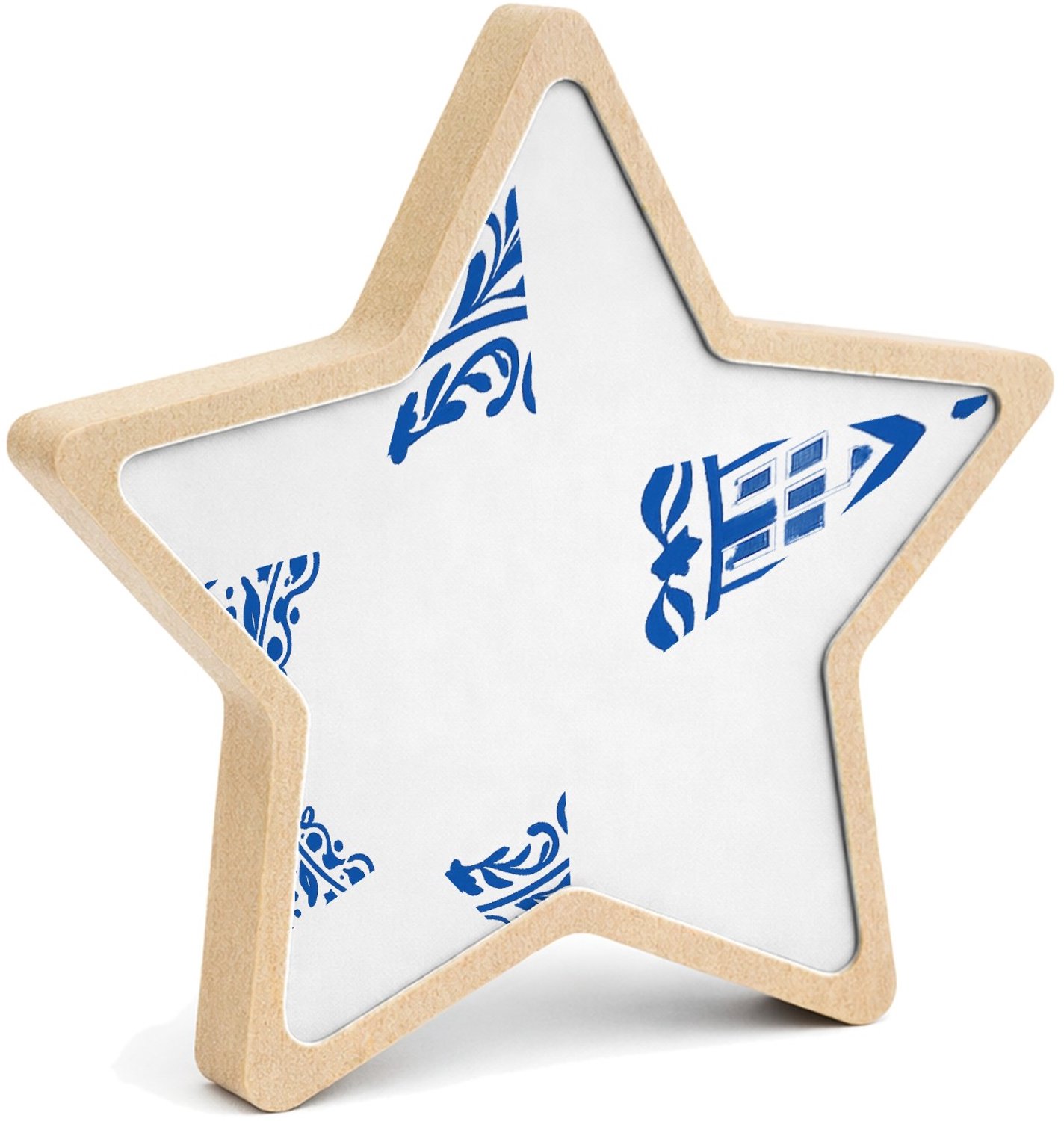 Mr Cadeautjes MDF fotolijst ster 14 x 13,5 - design Een klassieke blauw-witte rand met huiselijke symbolen en ee | cadeau