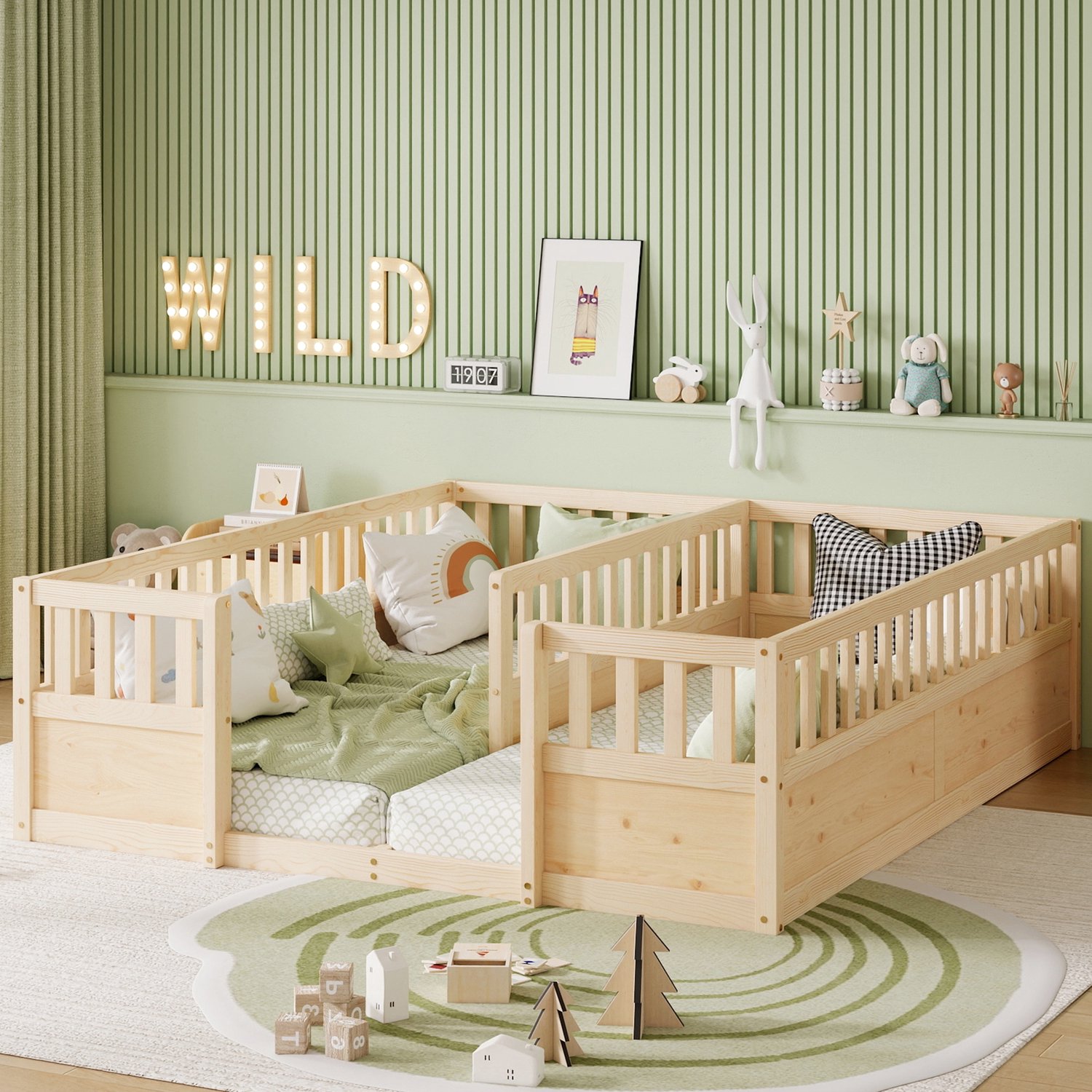 Wishdor Kinderbed 2 x 90 x 200 cm - Twee aparte slaapplaatsen - Hoge halfgesloten veiligheidshekken en open instap - Laag vloerbed voor twee kinderen - Hout MDF en multiplex - Naturel
