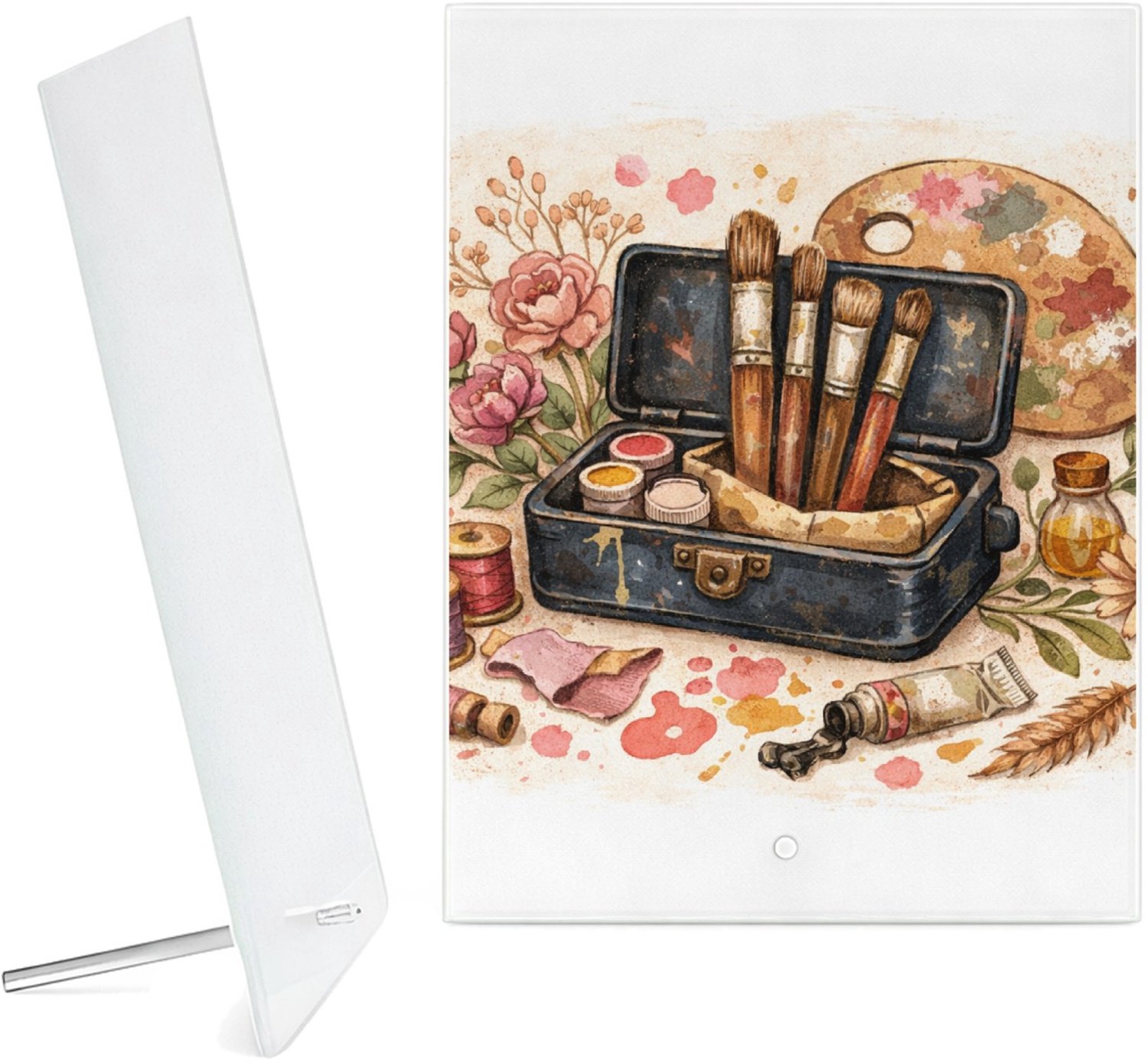 Mr Cadeautjes Glazen fotopaneel Romantische hobbyprint met een centraal retro-object en loss - 15 x 20 cm, staand - glas, decoratie, wanddecoratie | cadeau Wit