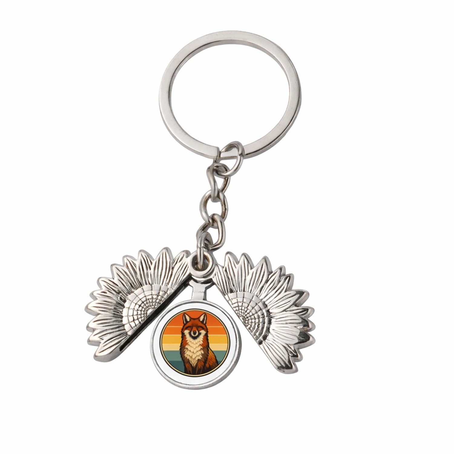 Mr Cadeautjes Sleutelhanger rond Ø ~3 cm - design Een trotse vos op een ronde achtergrond met zonsondergangban | cadeau