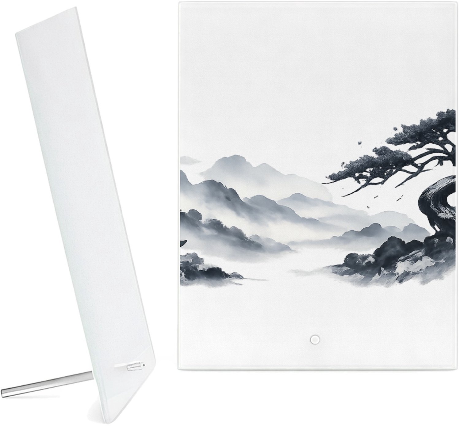 Mr Cadeautjes Glazen fotopaneel Elegante bospaadjes in mist met een enkele kromme den als bl - 15 x 20 cm, staand - glas, decoratie, wanddecoratie | cadeau Wit