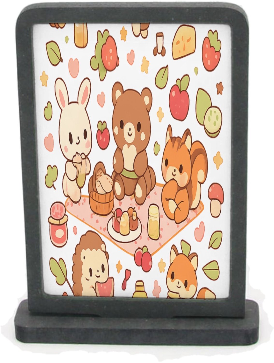 Mr Cadeautjes Houten fotolijst rechthoek met MDF inleg - design Een vrolijke set kleine bosdieren die samen picknicken tusse | cadeau Wit
