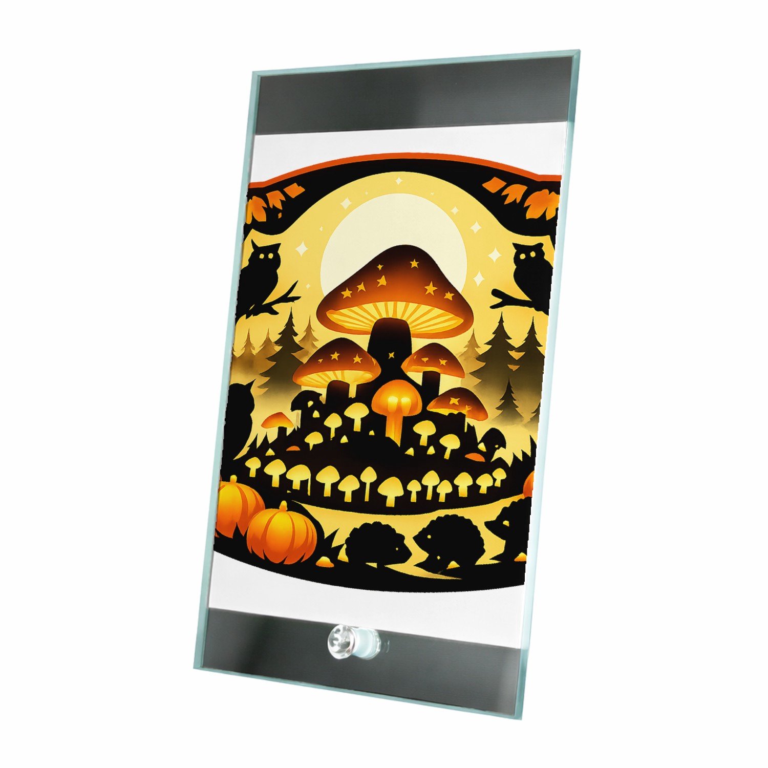 Mr Cadeautjes Glasframe 15 x 23 - design Herfstbos met een grote gloeiende paddenstoelheuvel en klein | cadeau Wit