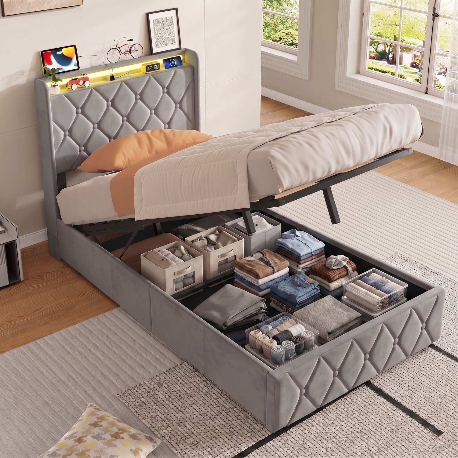 Mofor Gestoffeerd opbergbed 90x200 cm - eenpersoonsbed met RGB LED-verlichting - hoofdbord met opbergplank en USB-poorten - fluwelen bekleding - grijs