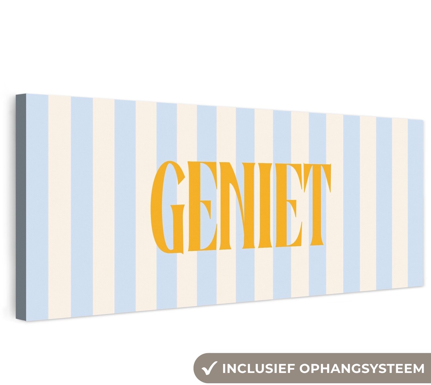 Canvas schilderij 150x50 cm - Exclusieve wanddecoratie Oranje - Blauw - Strepen - Geniet - Muurdecoratie woonkamer - Slaapkamer decoratie - Kamer accessoires - Schilderijen op canvas groot XXL