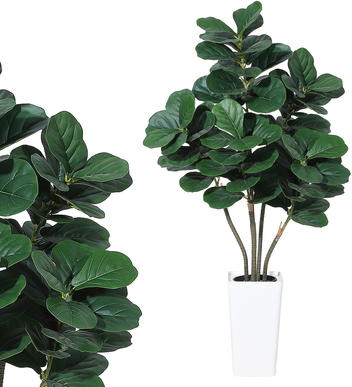 HOERFURIY Kunstplant Vioolbladplant 150 cm - Meerstammige Ficus Lyrata met Witte Pot - Volle Groene Kamerplant voor Woonkamer, Hal en Kantoor - Onderhoudsvrij