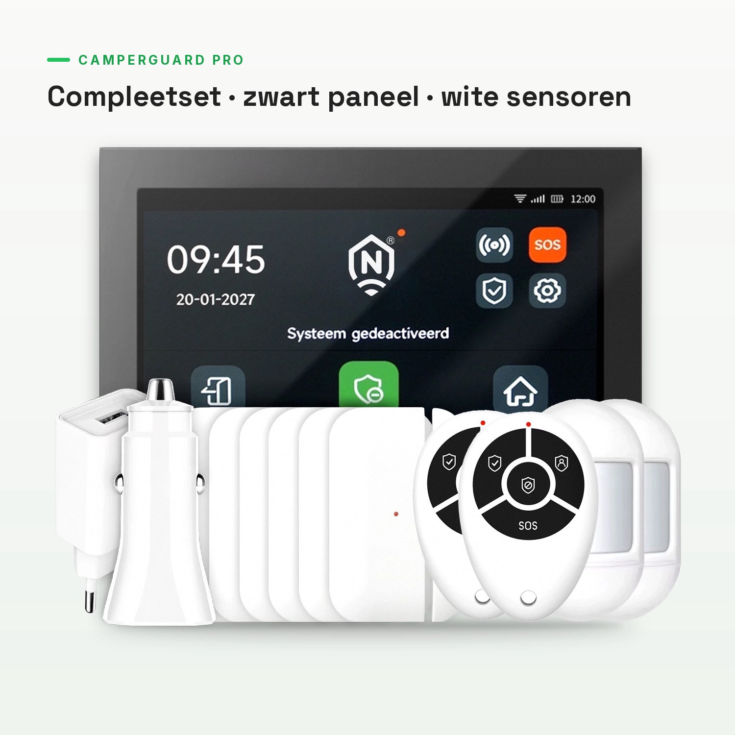 CamperGuard® Pro Alarmsysteem – Compleetset – Zwart paneel – Witte accessoires – Camper/Caravan – Draadloos & Uitbreidbaar – Simkaart, SMS & Oproepmelding – Zonder Abonnement