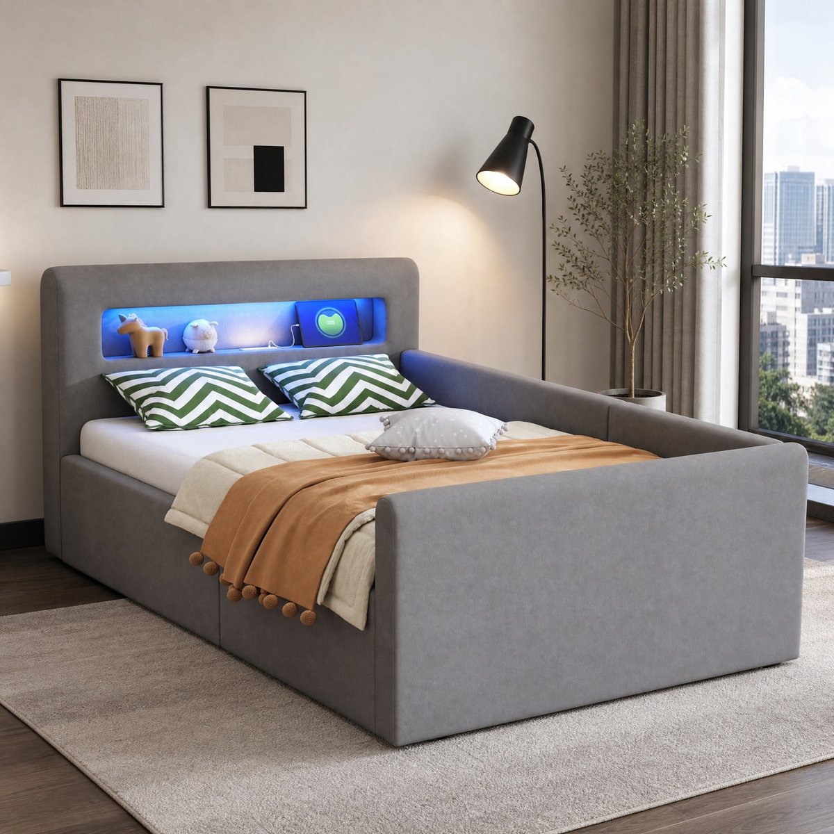 COVREO Kinderbed met LED en USB – 90x200 cm – Gestoffeerd bed met opbergruimte – Bed voor kinderkamer – Grijs - zonder matras Lichtgrijs