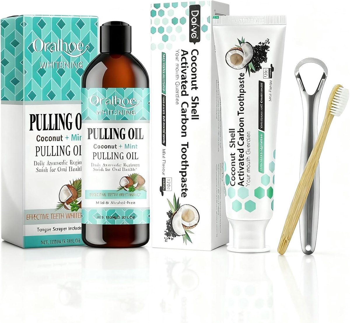 Natuurlijke mondspoeling met kokosolie en pepermunt, tongschraper, actieve kool tandpasta en tandenborstel voor frisse adem en mondhygiëne
