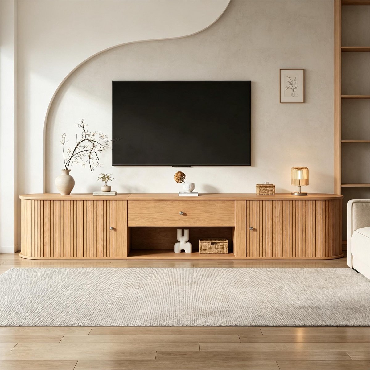 TV Meubel Lowboard - Rond Design Met 2 Roldeuren En Lade - Voor Woonkamer En Eetkamer - Houtkleur - 180x40x40 Cm