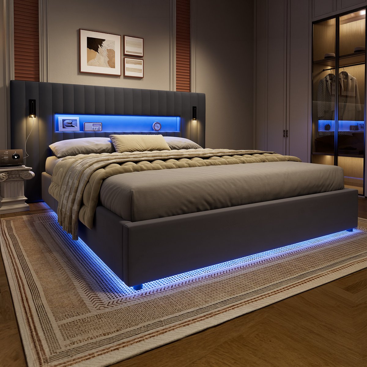 STILVORA Tweepersoonsbed - Hydraulische Opbergruimte En Leeslamp - 180 x 200 cm - Fluweel - Donkergrijs Grijs - Met USB Oplaadfunctie