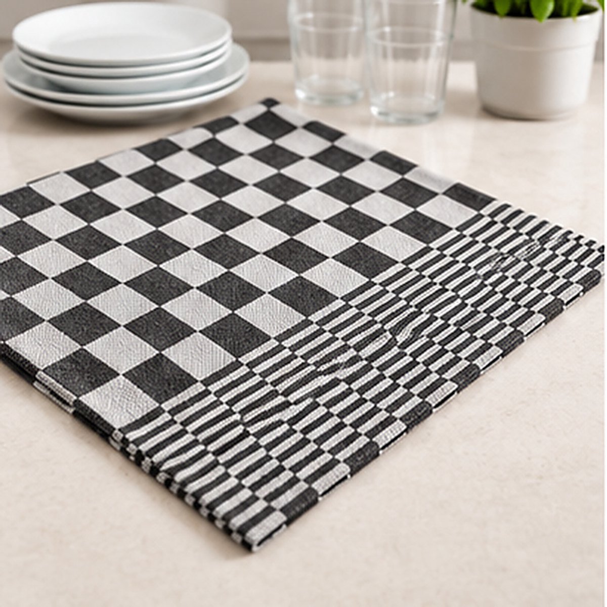 Theedoekenset - 60 x 65 cm - Geblokt - Zwart (per set van 6)