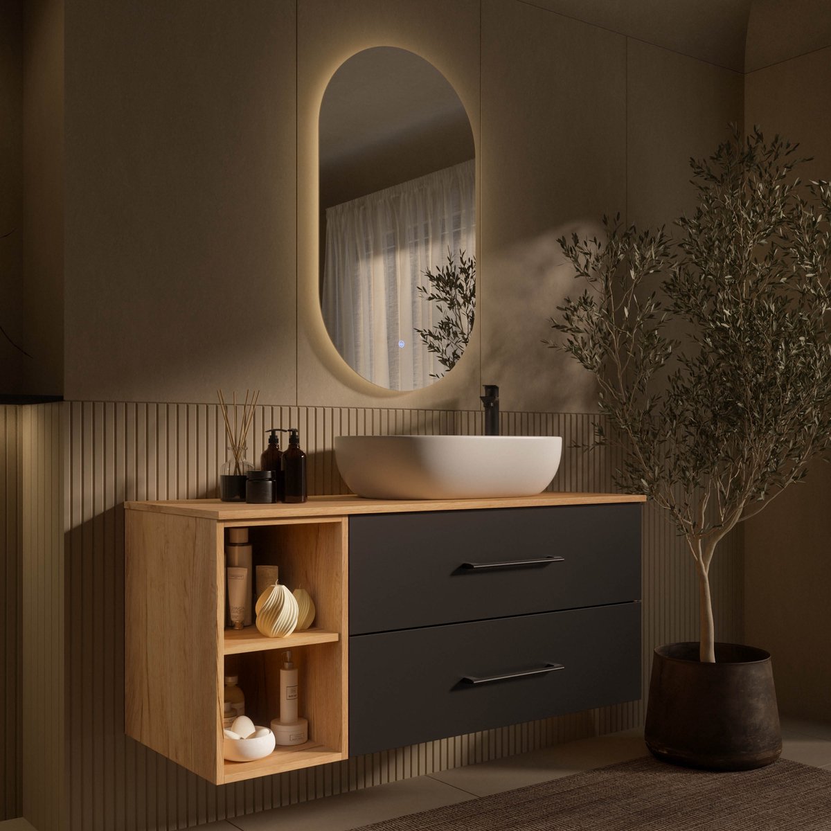 Planetmöbel LUX - Badkamermeubelset 120 cm - Goud eiken en antraciet - Met witte opzetwastafel 60 cm - Met LED-spiegel