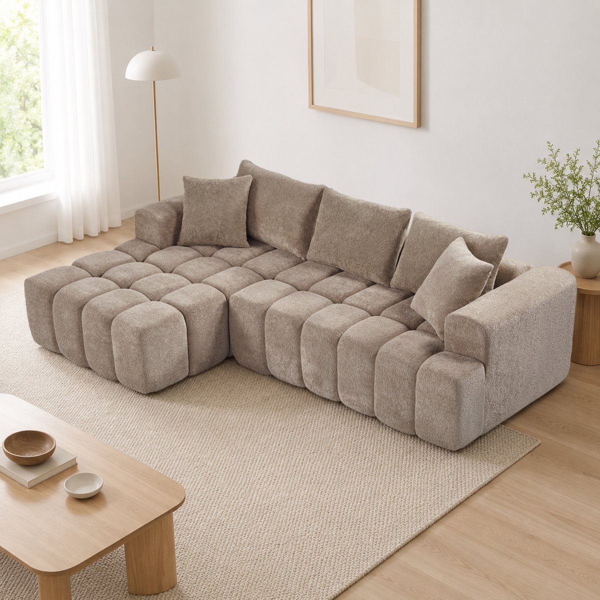 OKWISH L-vormige Slaapbank 249,94 cm - Modulaire Opstelling - Voor Woonkamer Of Kantoor - Fluweel - Khaki