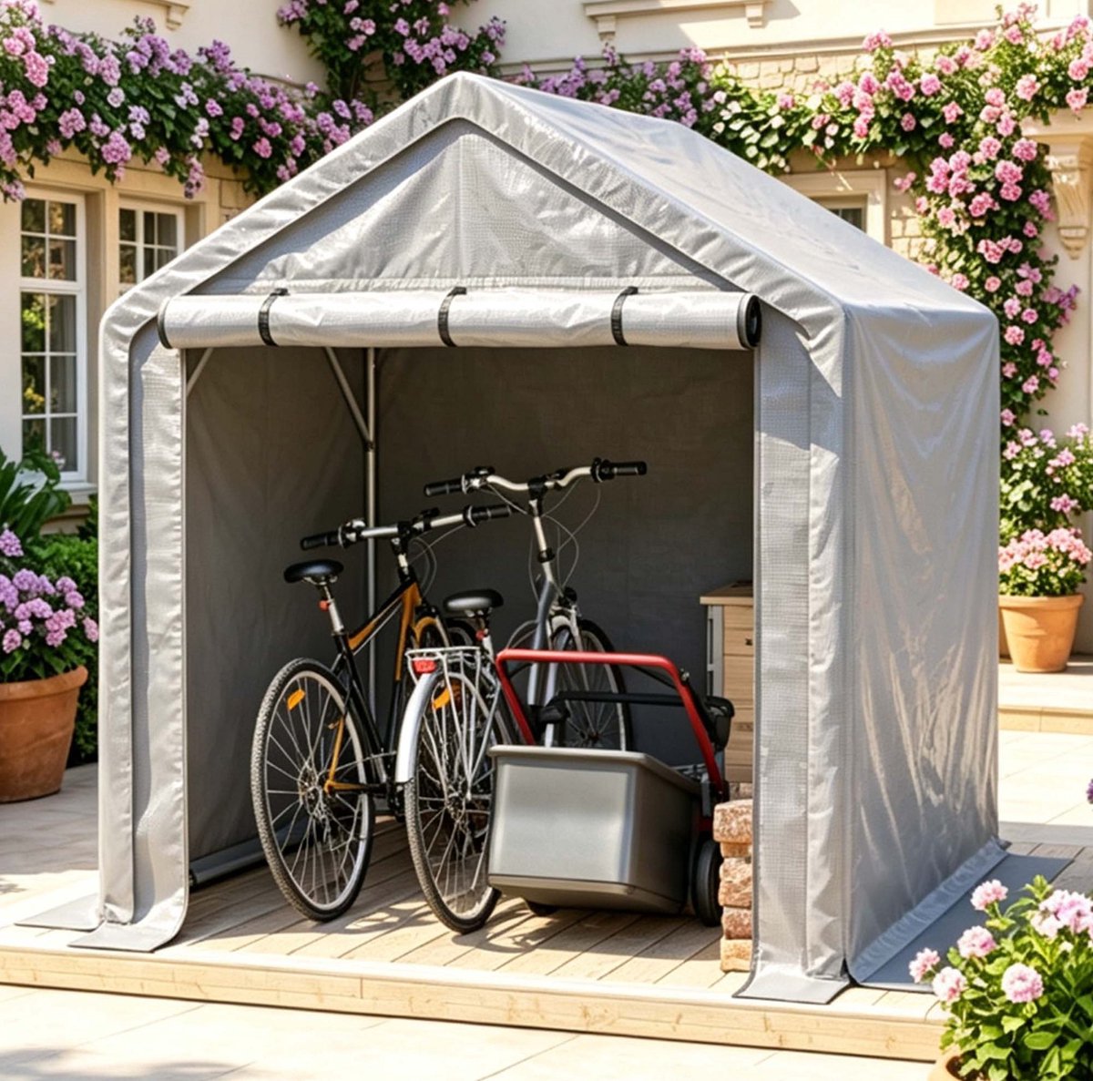 REDOM - Garagetent voor fietsopslag - Verzinkt stalen buizenframe - Waterdicht en winddicht - Met oproldeur en ritssluiting - Voor tuin en oprit - PE-zeil - Grijs - 190 x 170 x 200 cm