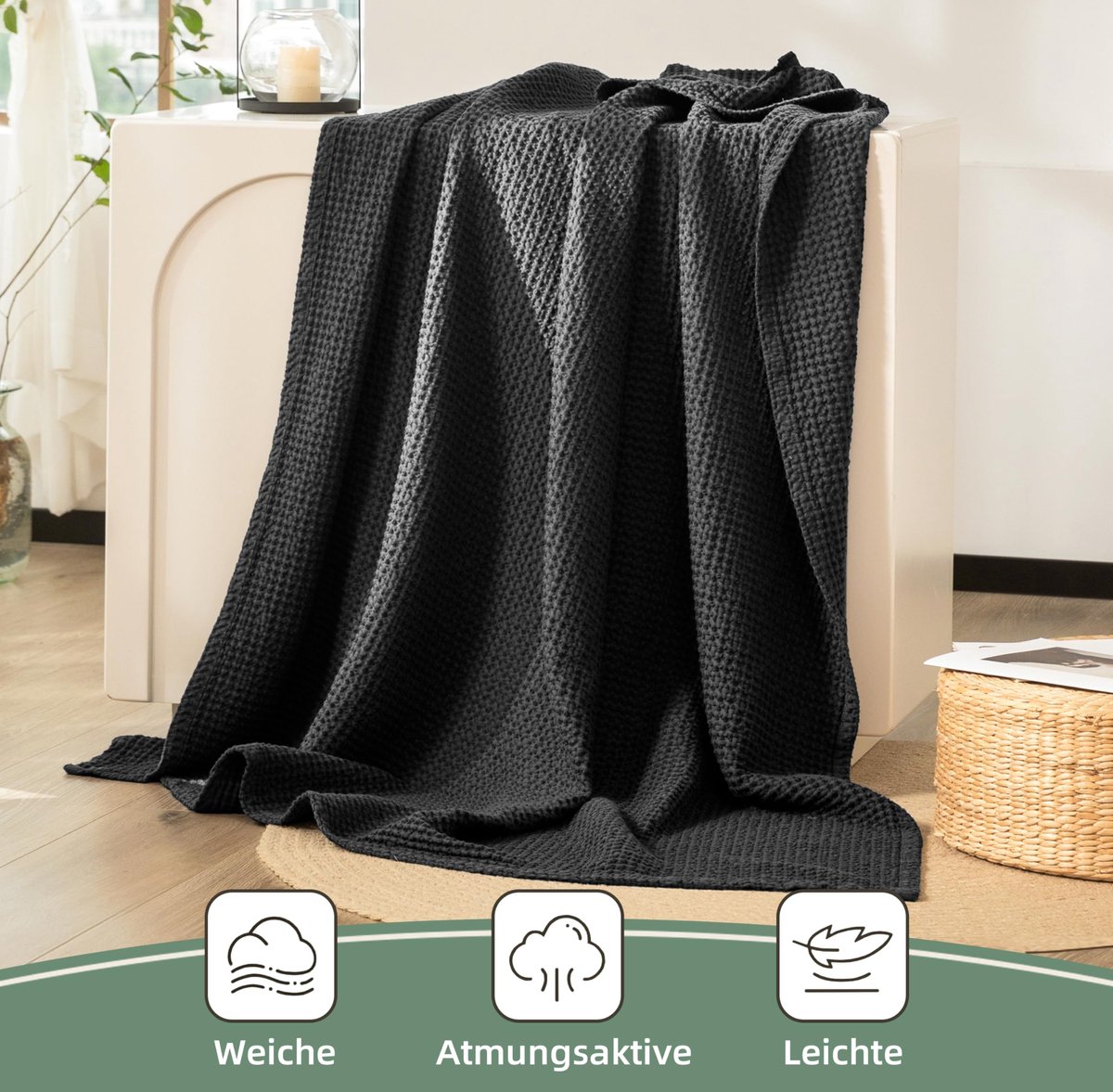 CHUFFED 100% katoenen deken 220 x 240 cm, zachte en ademende sprei, wafelpatroon lichte deken als sofadeken - ShopVlot