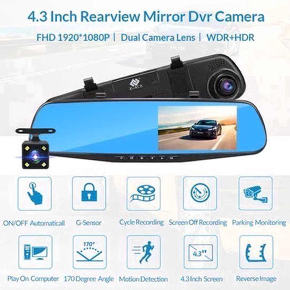 Dashcam voor Auto - 4.3 Inch - Full HD 1080P Auto Rij Recorder - Achteruitkijkspiegel DVR - Nachtzicht, Bewegingsdetectie, Parkeermodus - 6M Achteruitrijcamera - Zonder Geheugenkaart - Zwart