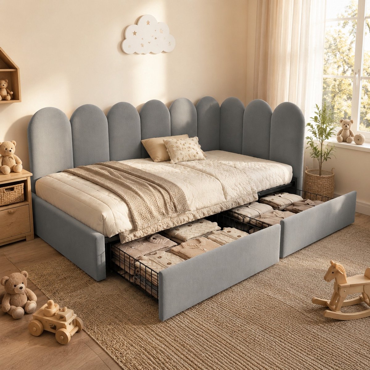 Grijze bedbank 90x190 cm met lades en velours stof - dagbed en slaapbank met lattenbodem