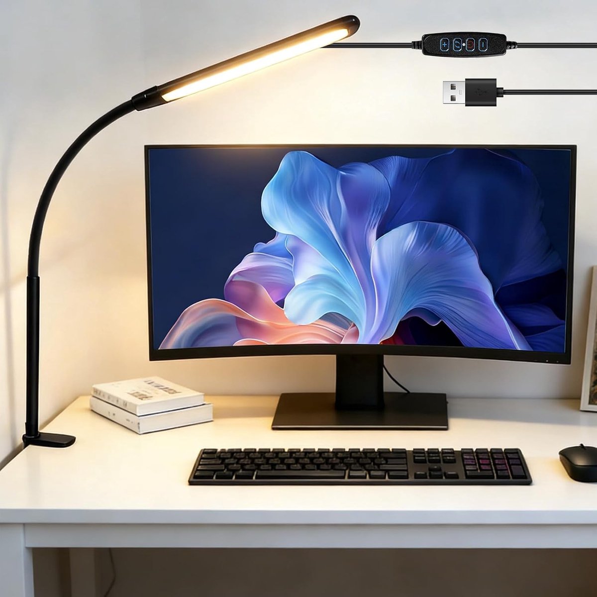 Dimbare LED Bureau Lamp met 3 Kleuren en 10 Helderheidsniveaus voor Thuis en Kantoor, USB Aansluiting en Oogbescherming, Dubbelkop Lamp voor Studie en Werk