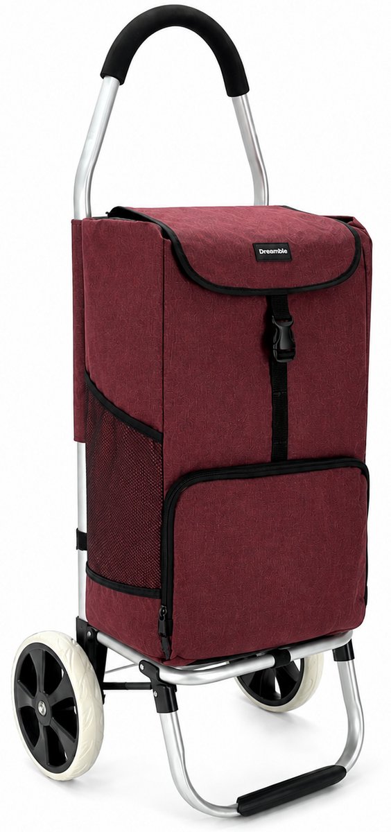 Dreamble® - Extra Luxe Boodschappentrolley - Donkerrood - Extra Hoog (103cm) en groot (53L) - Ingebouwd Koelvak - Dikke stevige tas - Extra grote wielen - 2 ophanghaken - Steekwagenfunctie(60kg) - Opvouwbaar - Lichtgewicht - 4 vakken - Waterdicht