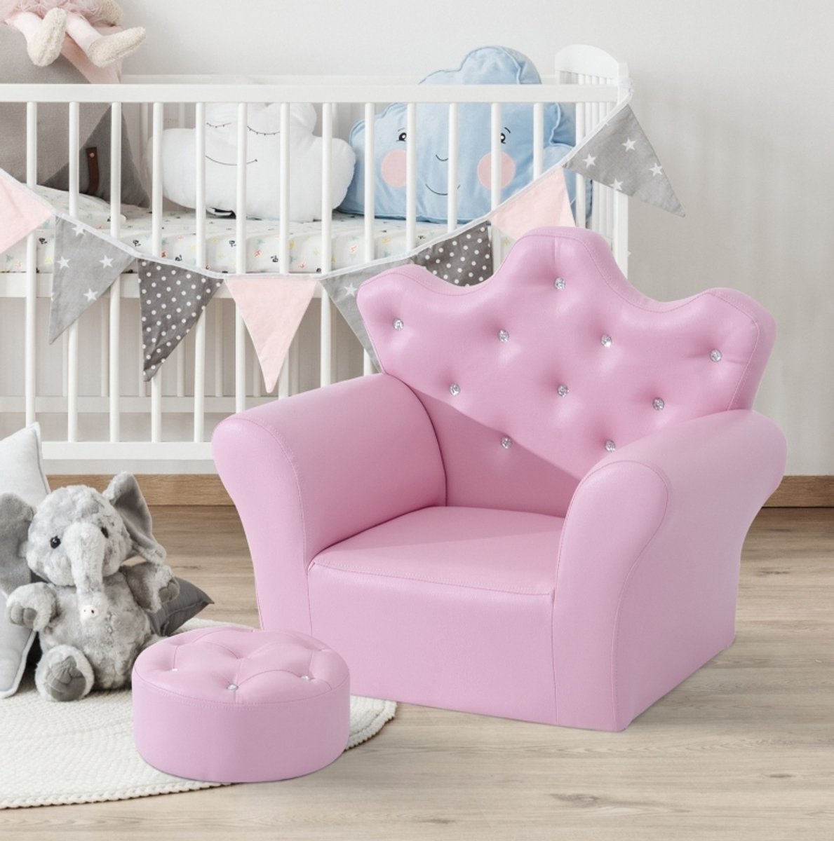 MODFU - Kindersofa - Gecapitonneerd - Roze - PU-Leer - Hout - 58 X 40,5 X 49 Cm
