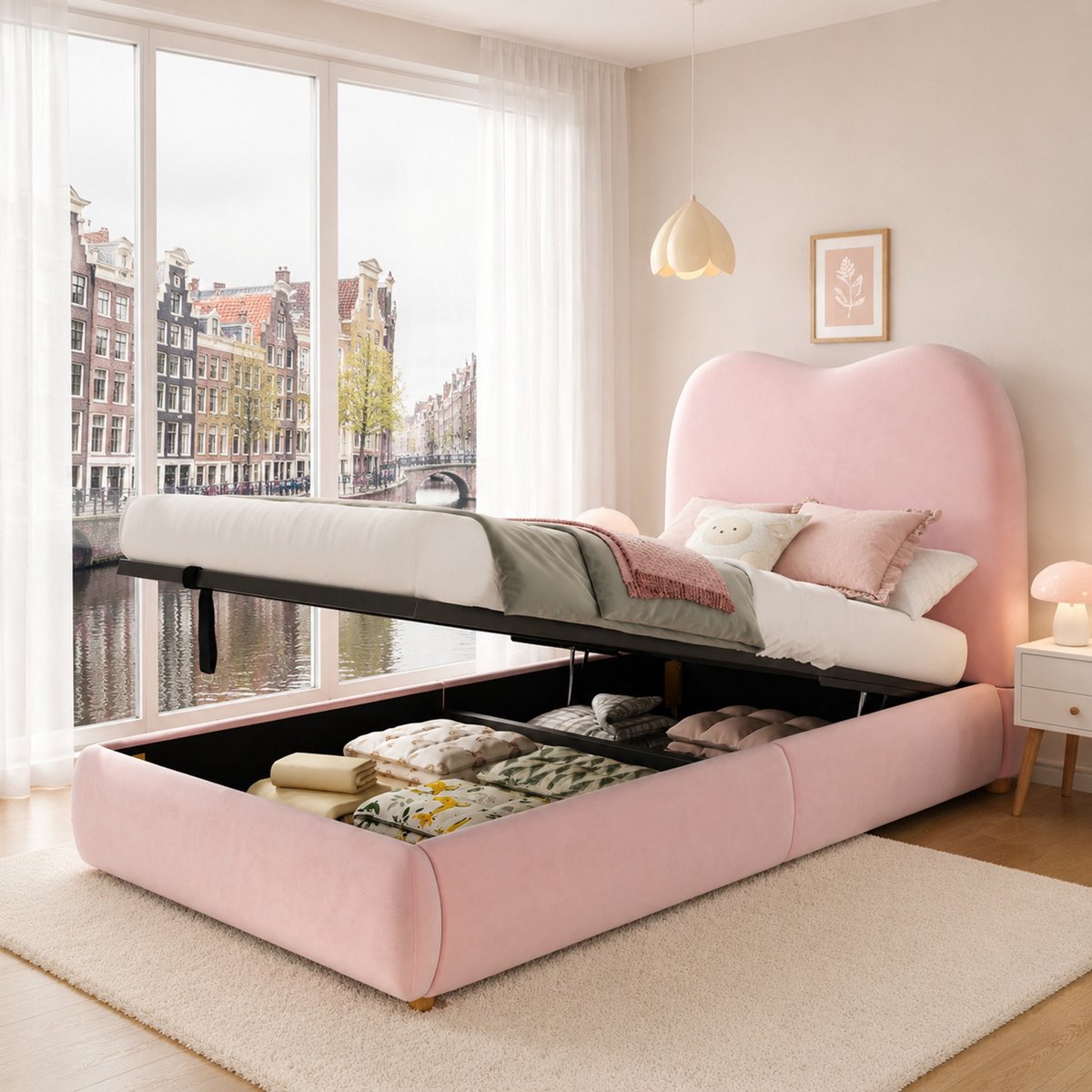 WUVRIE Kinderbed 90x200 cm met hydraulische opbergruimte, lattenbodem en zacht hoofddeel in roze Pink