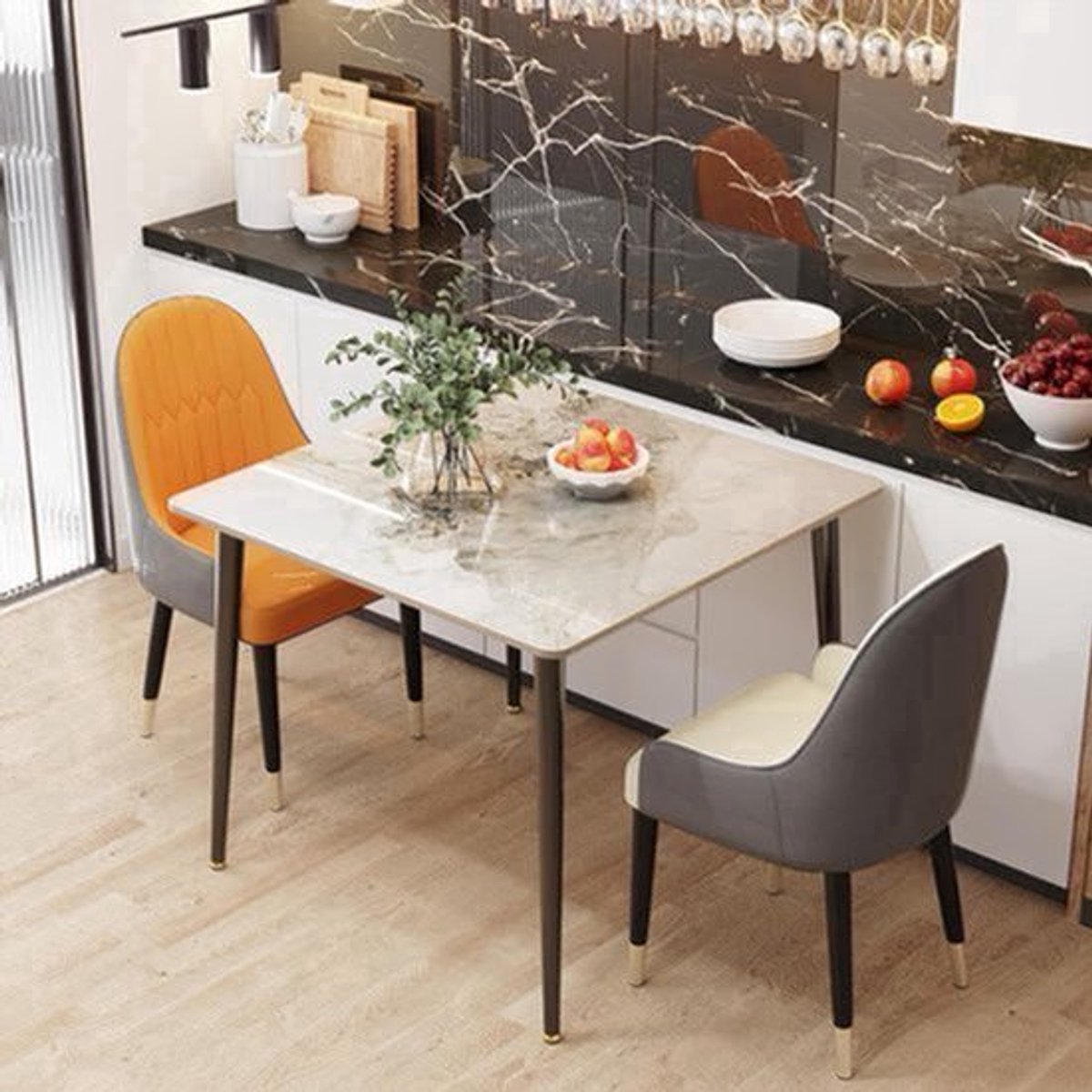 Eettafel – Tafel – Keukentafel – Bistrotafel – Dining Table – Wit – Gesinterdsteen Blad – 80x80 cm – Stabiel Stalen Frame