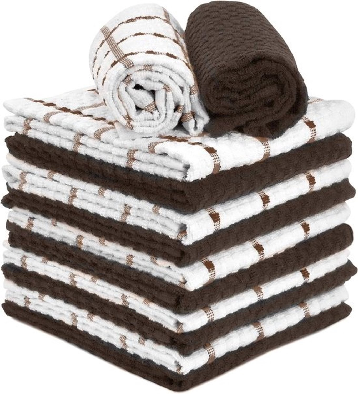 Set van 12 Keukendoeken Bruin & Wit - 100% Katoen Keukenhanddoeken Dobby Weefsel - Zeer Absorberend en Sneldrogend