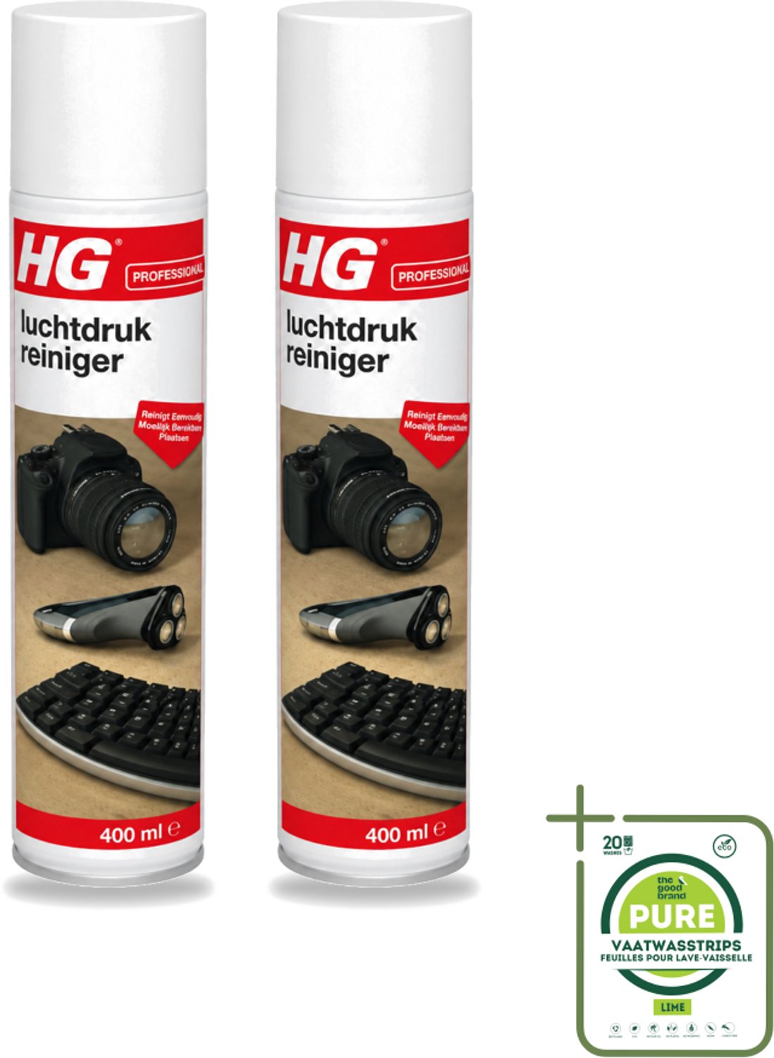 2 x HG - Luchtdrukreiniger - Reinigt Eenvoudig Moeilijk Bereikbare Plaatsen - 400 ml - Grootverpakking - Vaatwasstrips - Luchtdrukreiniger - Stof Verwijderen - Losse Vervuiling - Toetsenbord Reinigen - Printer Reinigen
