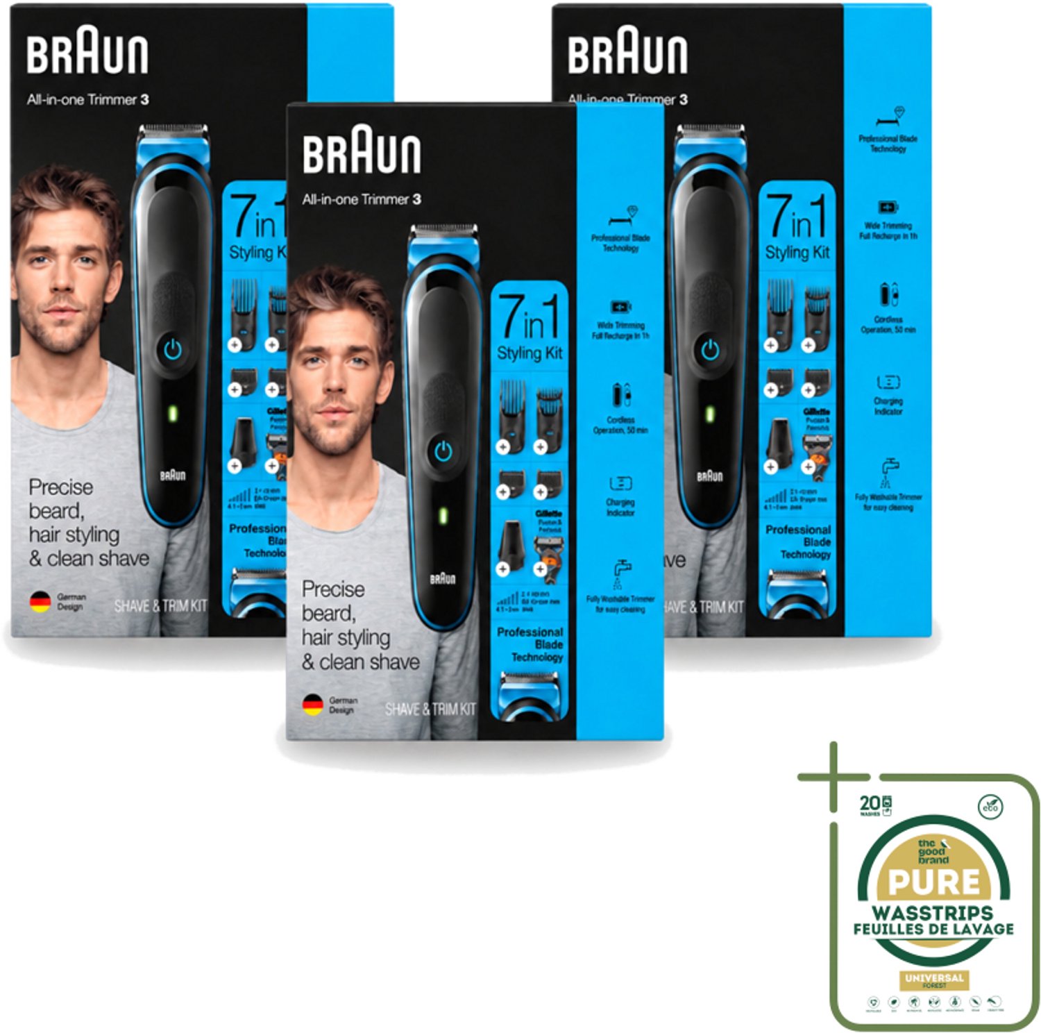 3 x Braun - Trimset - 7-in-1 - 1 Trim Apparaat - 6 Opzetstukken - Baard Trimmer - Gezichtshaar Trimmer - Neushaar Trimmer - Scheermes - Baard Onderhoud
