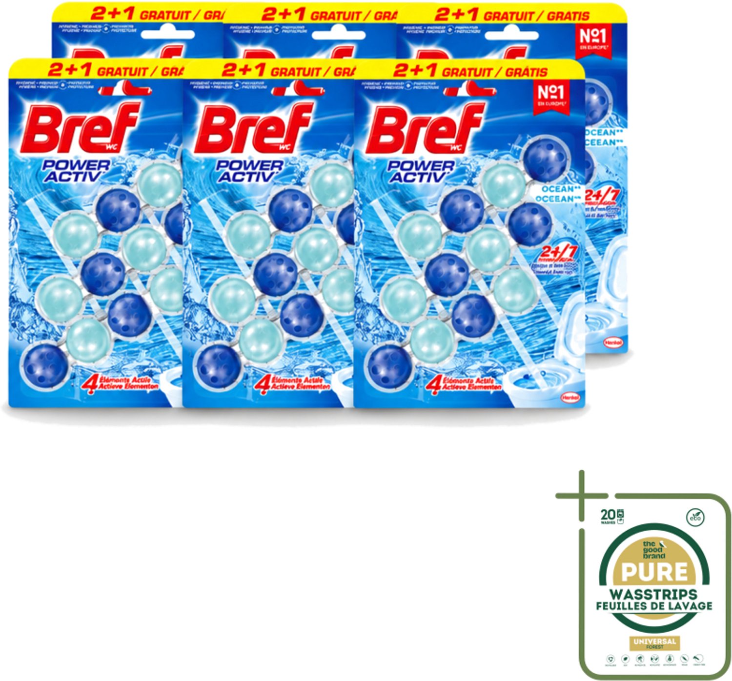 6 x Bref – Toiletblok – Power Aktiv Ocean – Multipack - Wasstrips - Toiletblok Multipack - Anti-kalk Toiletblok - Frisse Toiletgeur - Krachtige Reiniging - Ocean Geur