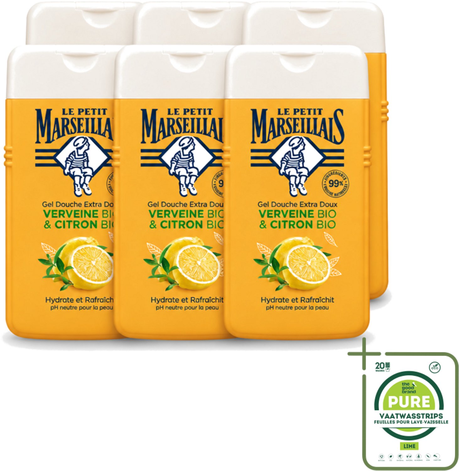6 x Le Petit Marseillais - Douchegel - Citroen & Verbena - Hydraterend - 250ml - Grootverpakking - Vaatwasstrips - Douchegel Citroen Verbena - Hydraterende Douchegel - Citroen En Verbena - Biologische Douchegel - Neutrale PH Douchegel