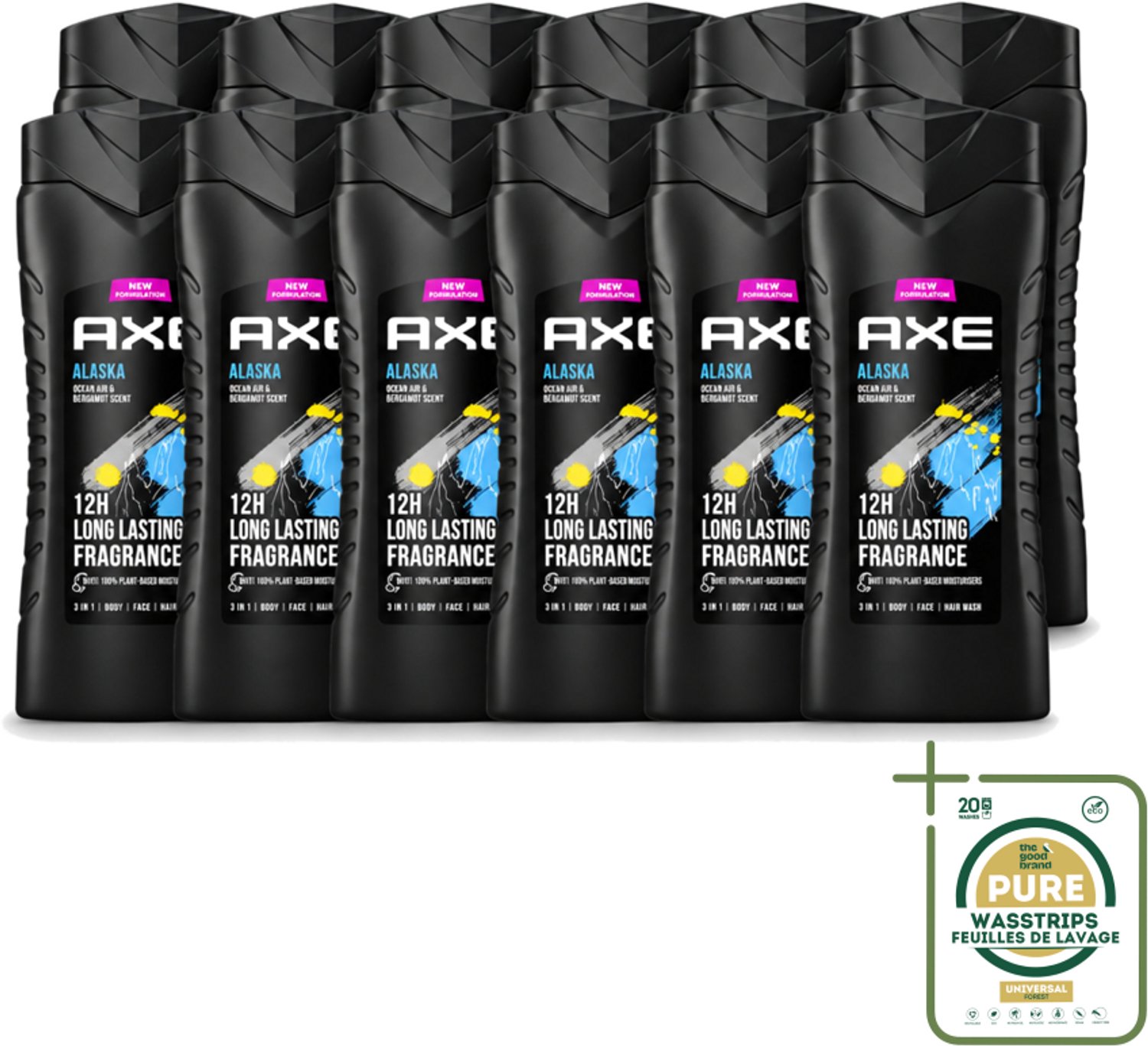 12 x Axe XL - 3-in-1 Douchegel - Alaska - Ocean Air & Bergamot - 12hrs Long Lasting Scent - 400 ml - Wasstrips - Douchegel - Oceaanlucht - Bergamot - Frisheid - 3-in-1