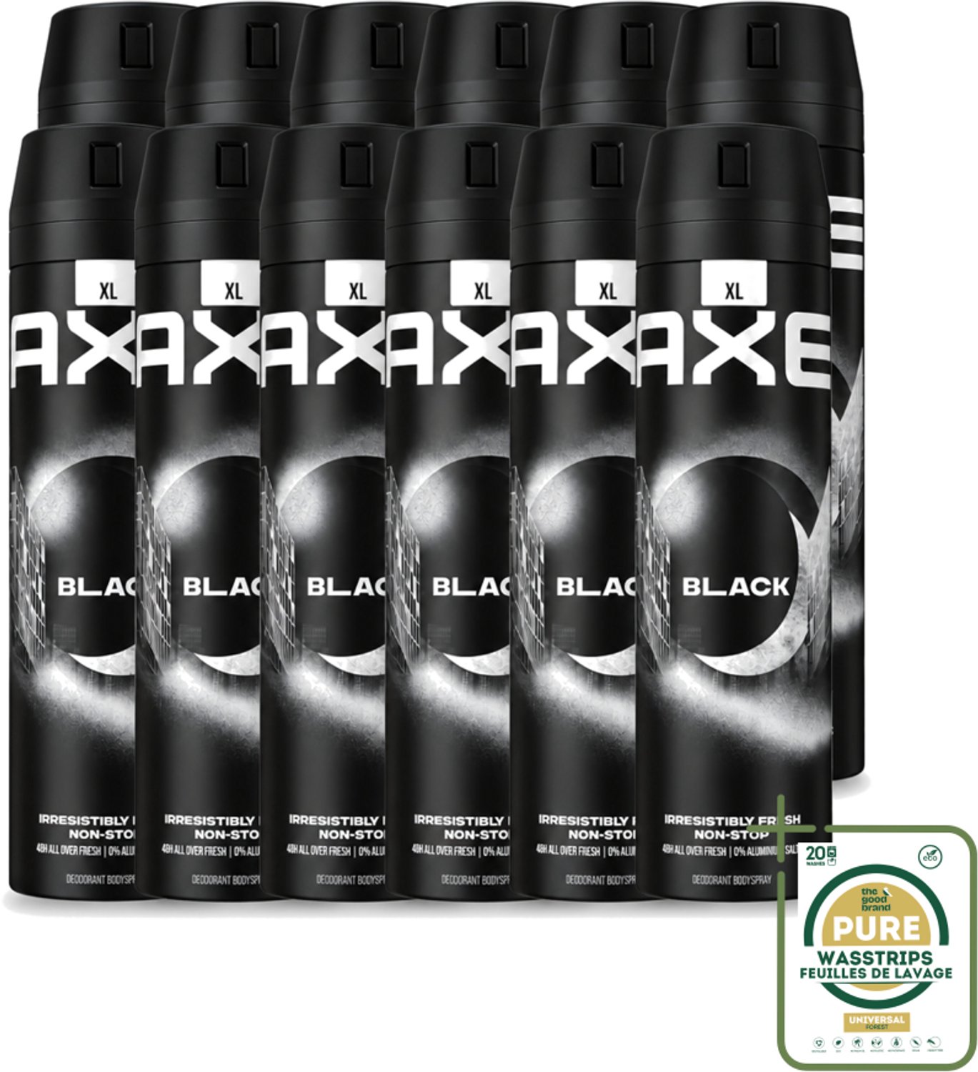 12 x Axe XL - Deodorant Bodyspray - 48hrs Fresh - Black - Frozen Pear & Cedarwood - 200 ml - Wasstrips - Deodorant - Lichaamsgeur - Frisheid - Bevroren Peer - Cederhout
