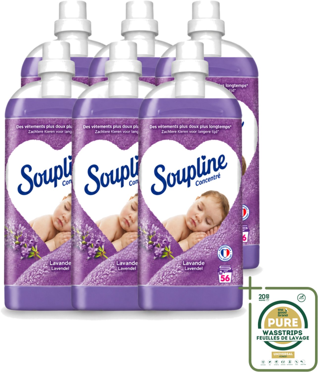 6 x Soupline - Wasverzachter - Lavendel - 56 Wasbeurten - 1.3L - Wasstrips - Wasverzachter - Wasgoed Verzachten - Lavendel Geur - Wasgoed Verzorgen - Wasverzachter Lavendel