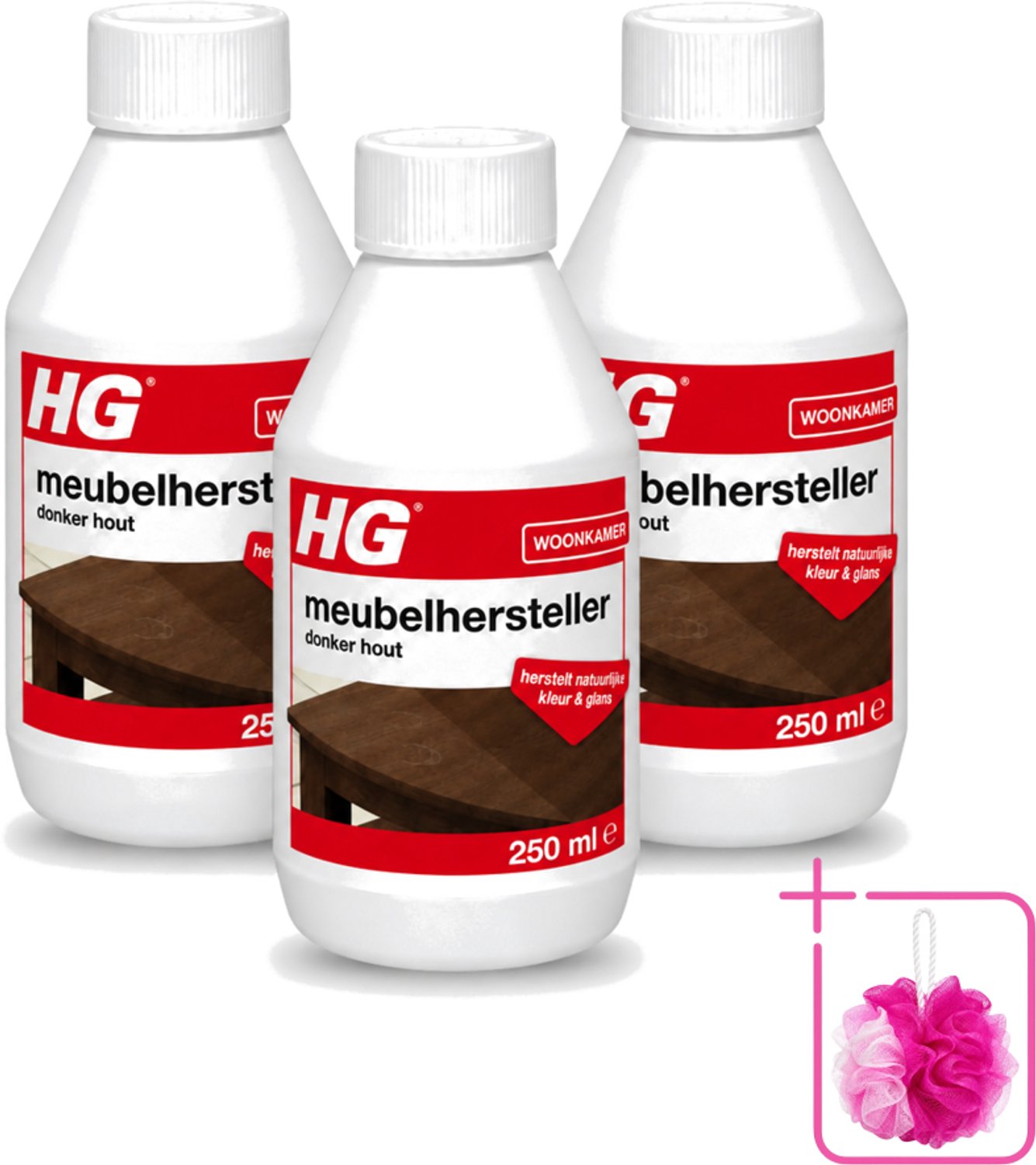 3 x HG - Meubelhersteller - Donker Hout - Herstelt Natuurlijke Kleur & Glans - 250 ml - Bulkverpakking - Meubelhersteller - Douchemop - Donker hout