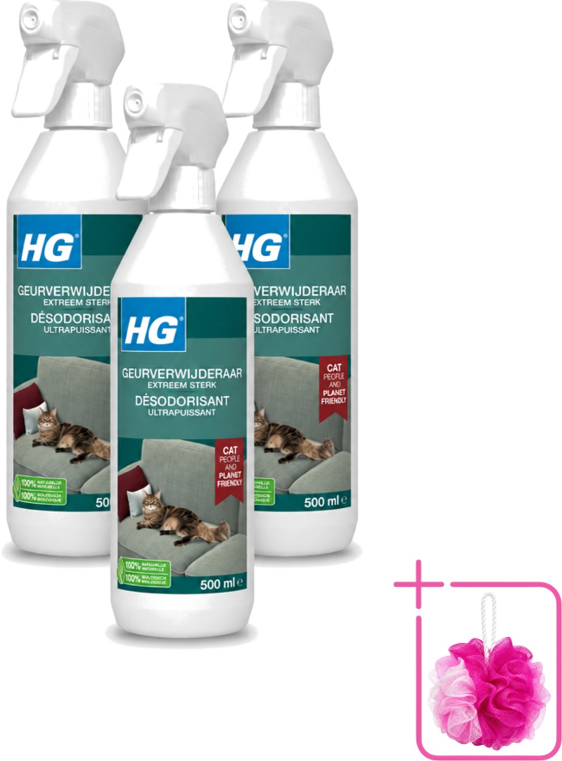 3 x HG - Geurverwijderaar - Extreem Sterk - Tegen Kattengeuren - 100% Biologisch - 500 ml - Bulkverpakking - Geurverwijderaar kat - Douchemop - Kattengeur