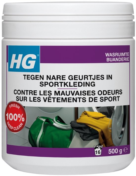 HG wasruimte & buanderie tegen nare geurtjes in sportkleding. Verpakking van 500g. Met 100% deep clean fresh.