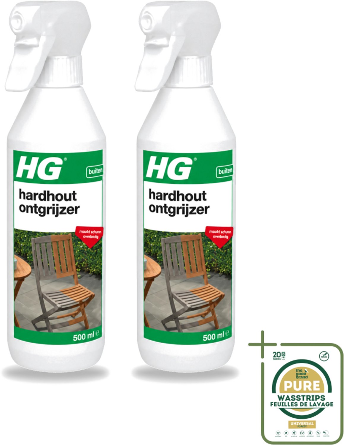 2 x HG - Buiten - Hardhout Ontgrijzer - Maakt Schuren Overbodig - 500 ml - Wasstrips - Hardhout Ontgrijzen - Tuinmeubel Reinigen - Vergrijzing Verwijderen - Hout Reinigen - Schuren Vermijden