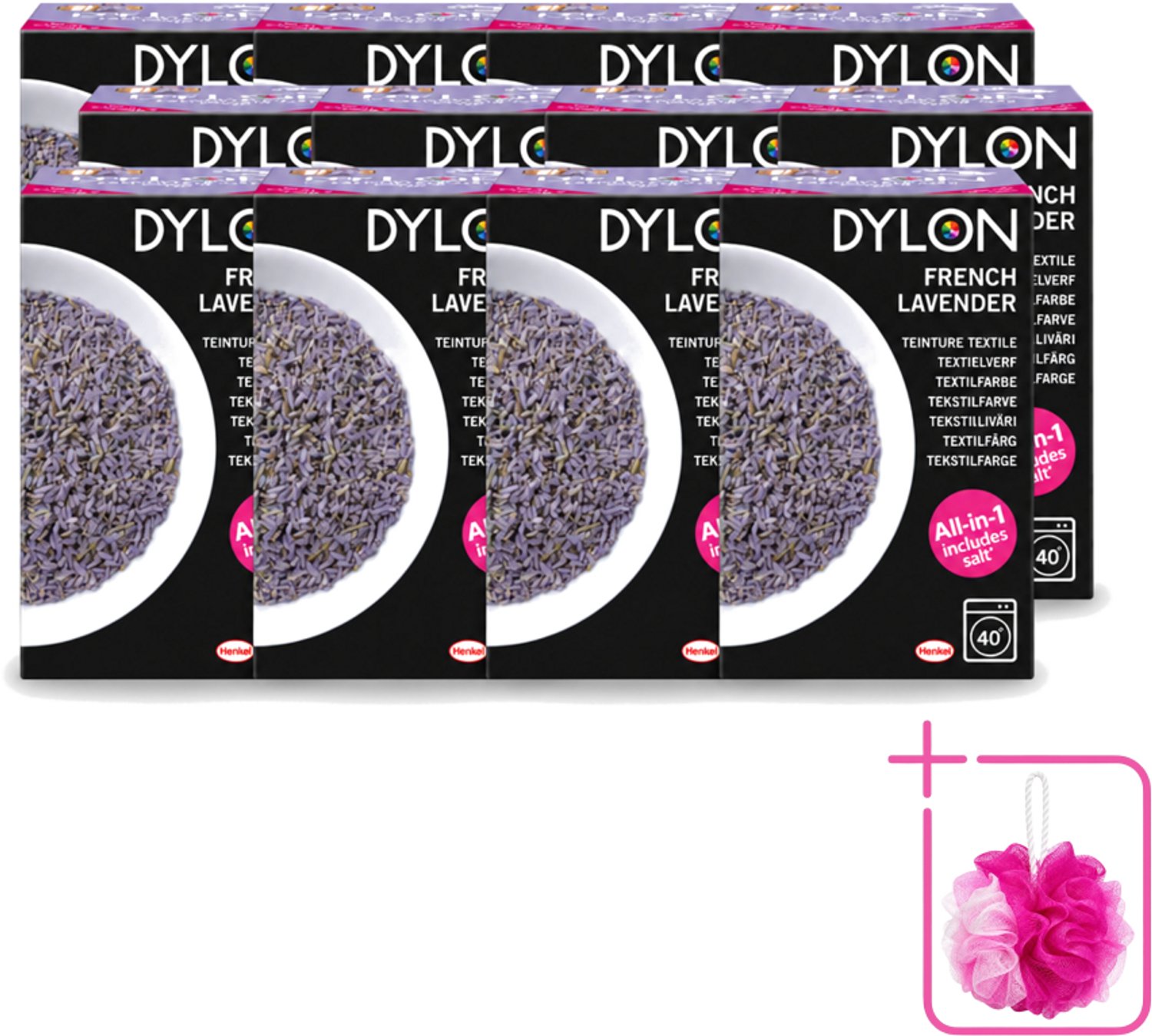 12 x Dylon - Textielverf - French Lavender - All-in-One - Inclusief Zout - 350g - Bulkverpakking - Textielverf - Douchemop - Lavendelkleur