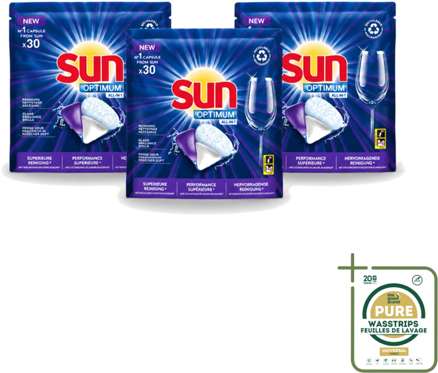 3 x Sun Optimum - All-in-1 - Vaatwasmiddel - Capsules - Maandbox - 30 Capsules - Wasstrips - Vaatwasmiddel - Vaatwasmiddel Capsule - Vaatwasmiddel All-in-1 - Vaatwasmiddel Voor Vaatwasser - Vaatwasmiddel Met Spoelglans