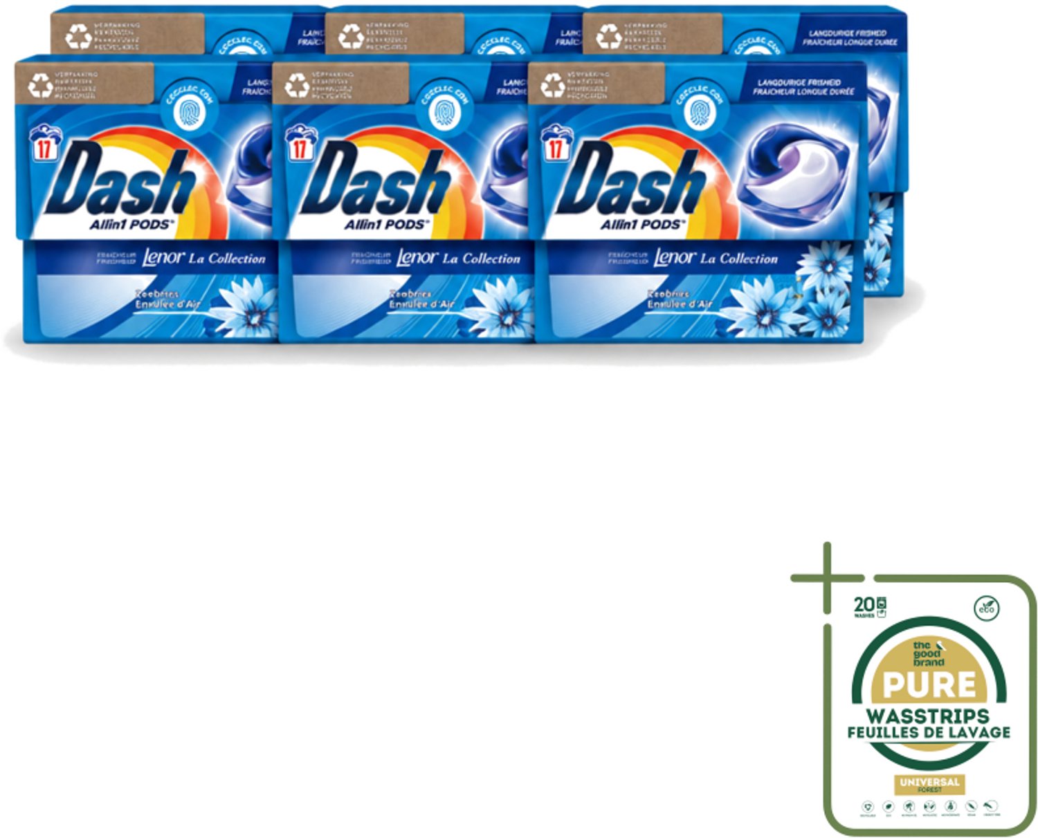 6 x Dash - Lenor Collectie - Wasmiddel Capsules - All-in-1 Pods - Witte en Gekleurde Was - Zeebries - 17 Wasbeurten - Wasstrips - Wasmiddel Capsules - Zeebries Geur - Wasmachine Pod - Frisheid Was - Witte Was