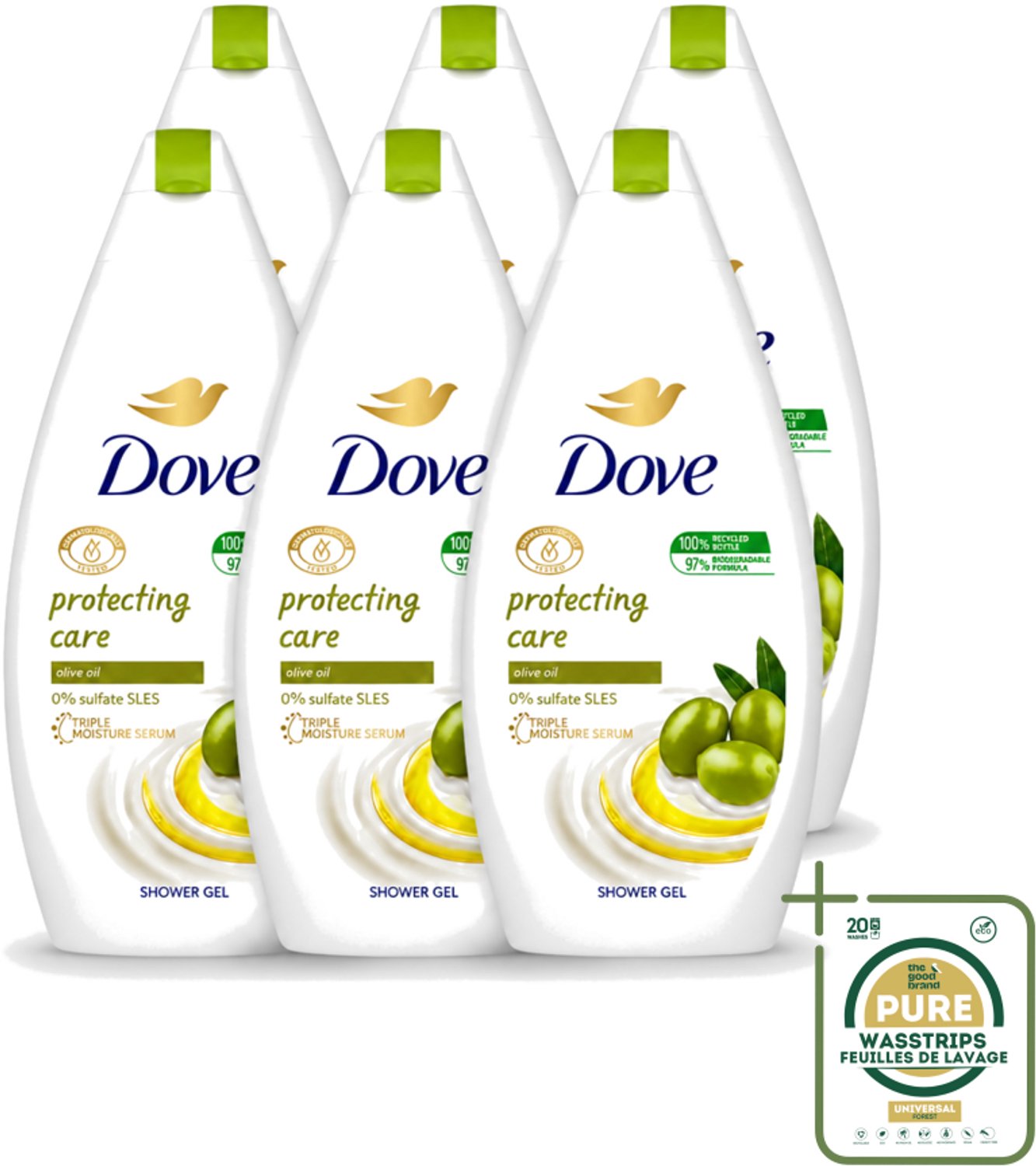 6 x Dove Protecting Care - Douchegel - Olijfolie - Sulfaatvrij - 450 ml - Wasstrips - Douchegel - Olijfolie - Huidverzorging - Sulfaatvrije Douchegel - Hydraterende Crème