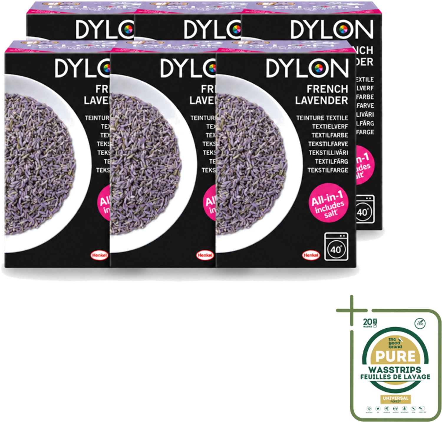 6 x Dylon - Textielverf - French Lavender - All-in-One - Inclusief Zout - 350g - Wasstrips - Textielverf - Lavendelkleur - French Lavender - Zout - Stofverf