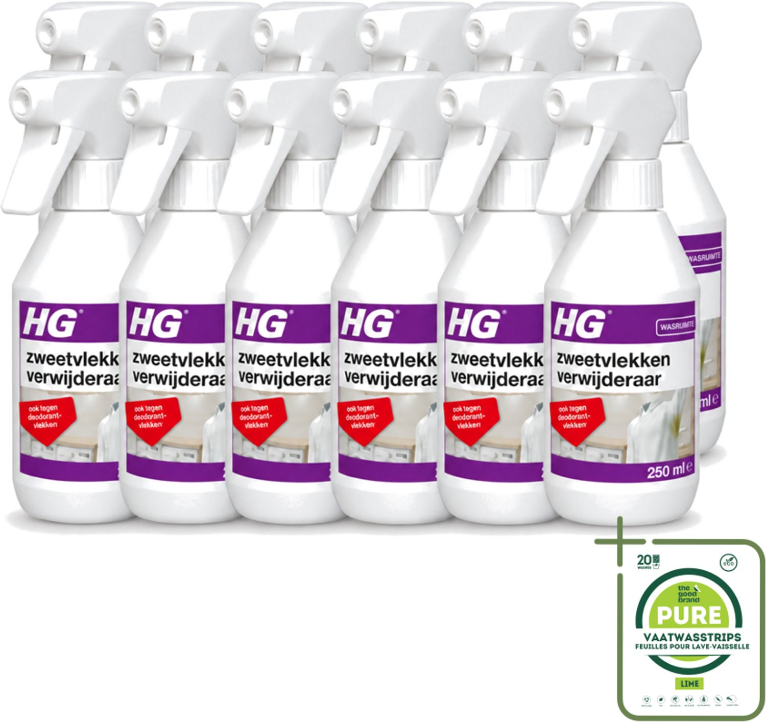 12 x HG - Wasruimte - Zweetvlekkenverwijderaar - Tegen Deodorantvlekken - 250 ml - Grootverpakking - Vaatwasstrips - Zweetvlekken Verwijderen - Gele Vlekken Verwijderen - Deodorantvlekken Verwijderen - Textiel Reinigen - Wasmiddel Voor Vlekken