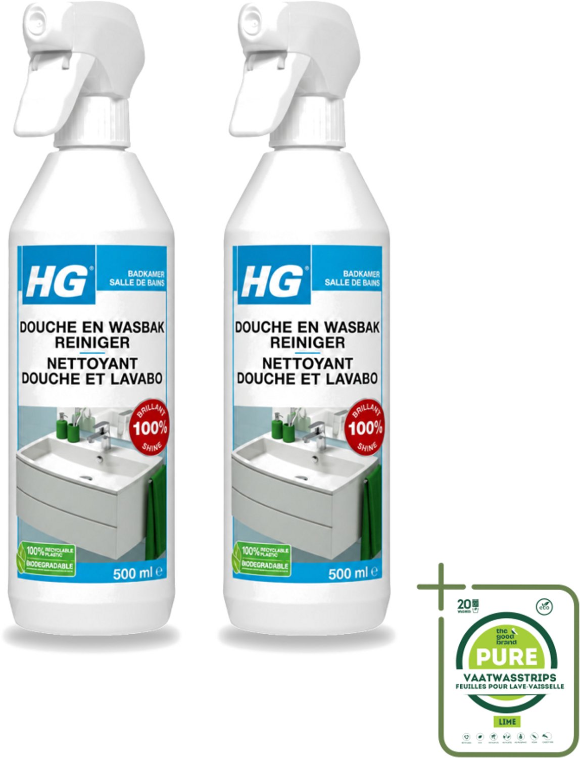 2 x HG - Badkamer - Douche-& Wasbakreiniger - Spray - Extra Glans - 500 ml - Grootverpakking - Vaatwasstrips - Badkamer Reinigen - Douche Reinigen - Wasbak Reinigen - Kalk Verwijderen - Zeepresten Verwijderen