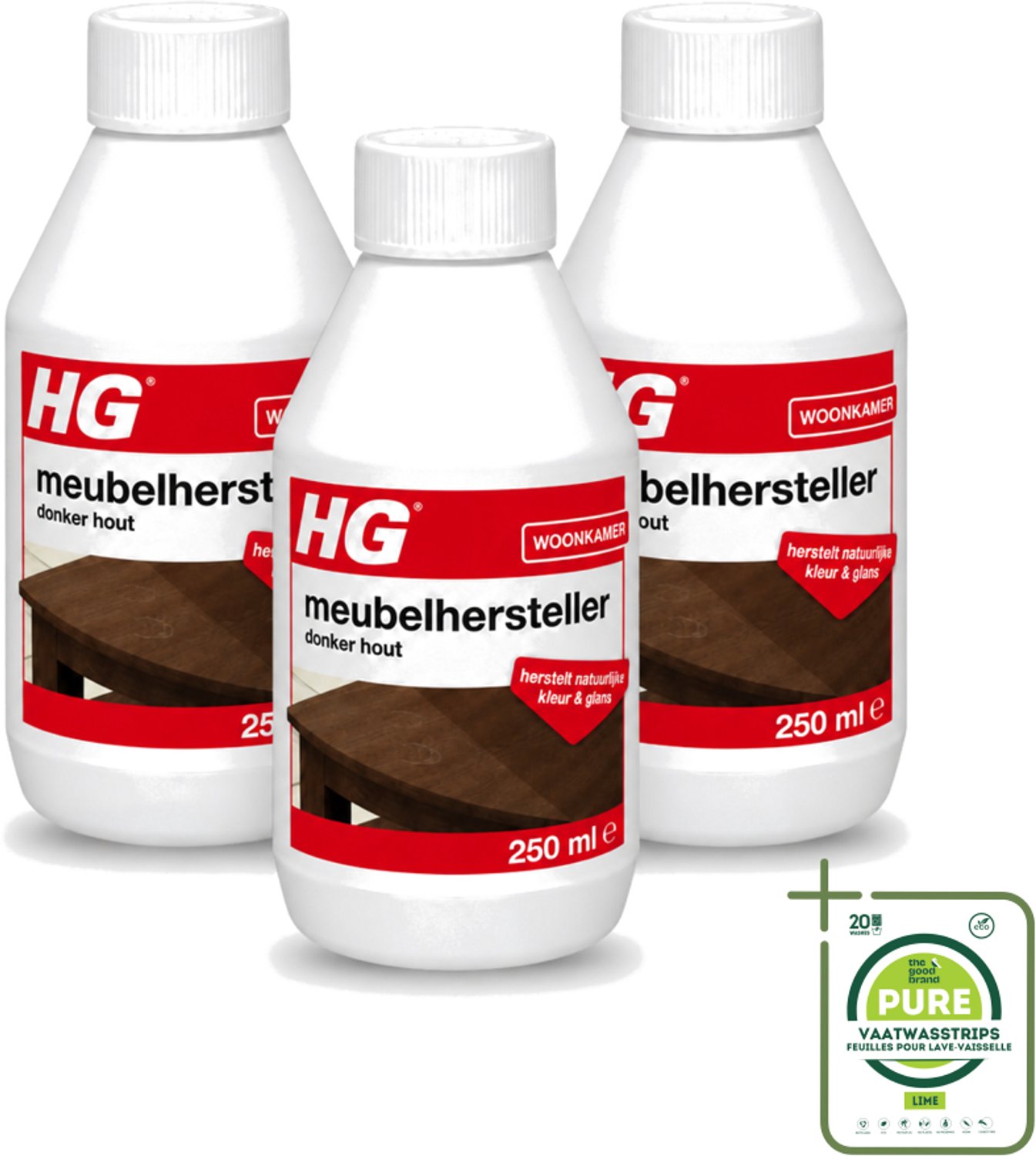 3 x HG - Meubelhersteller - Donker Hout - Herstelt Natuurlijke Kleur & Glans - 250 ml - Grootverpakking - Vaatwasstrips - Meubelhersteller - Donker Hout - Herstel Krassen - Herstel Vlekken - Herstel Waterkringen