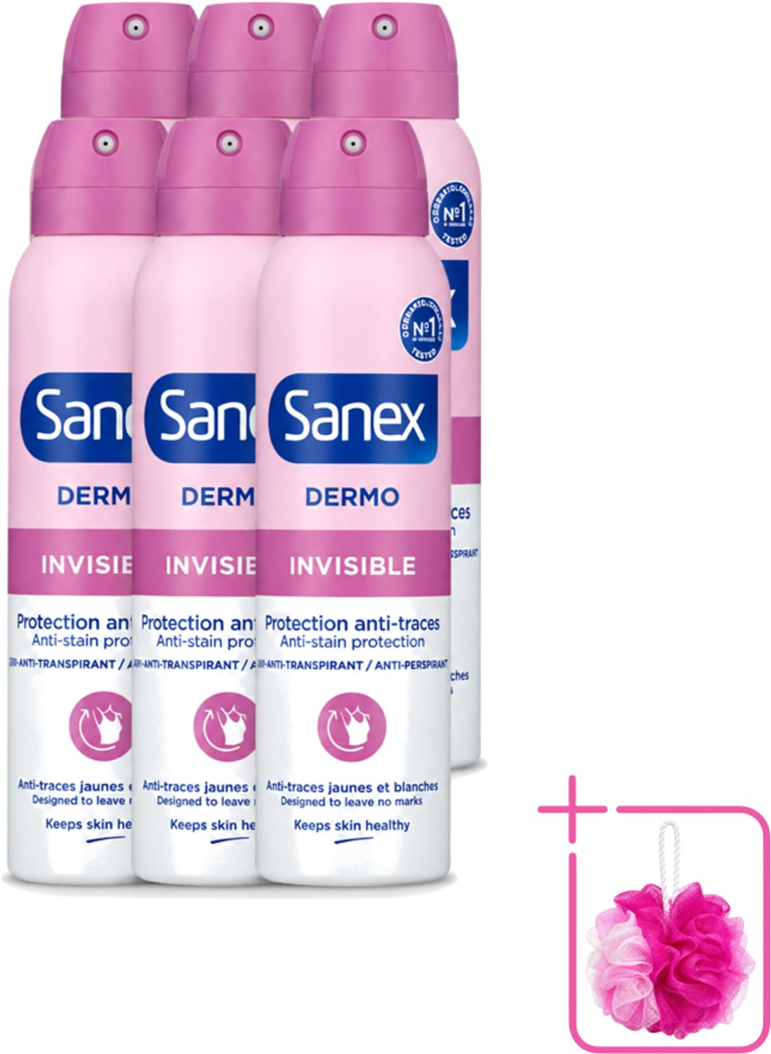 6 x Sanex – Deodorant Spray – Dermo Invisible – 150 ml - Bulkverpakking - Onzezichtbare deodorant - Douchemop - Deodorant spray