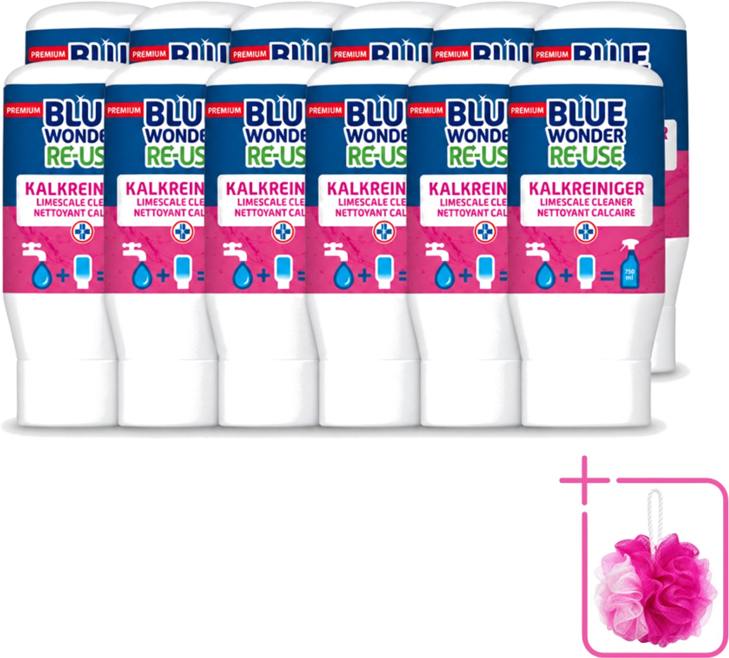 12 x Blue Wonder - Premium Re-use Kalkreiniger - 50 ml - Bulkverpakking - Kalkreiniger - Badkamer reinigen