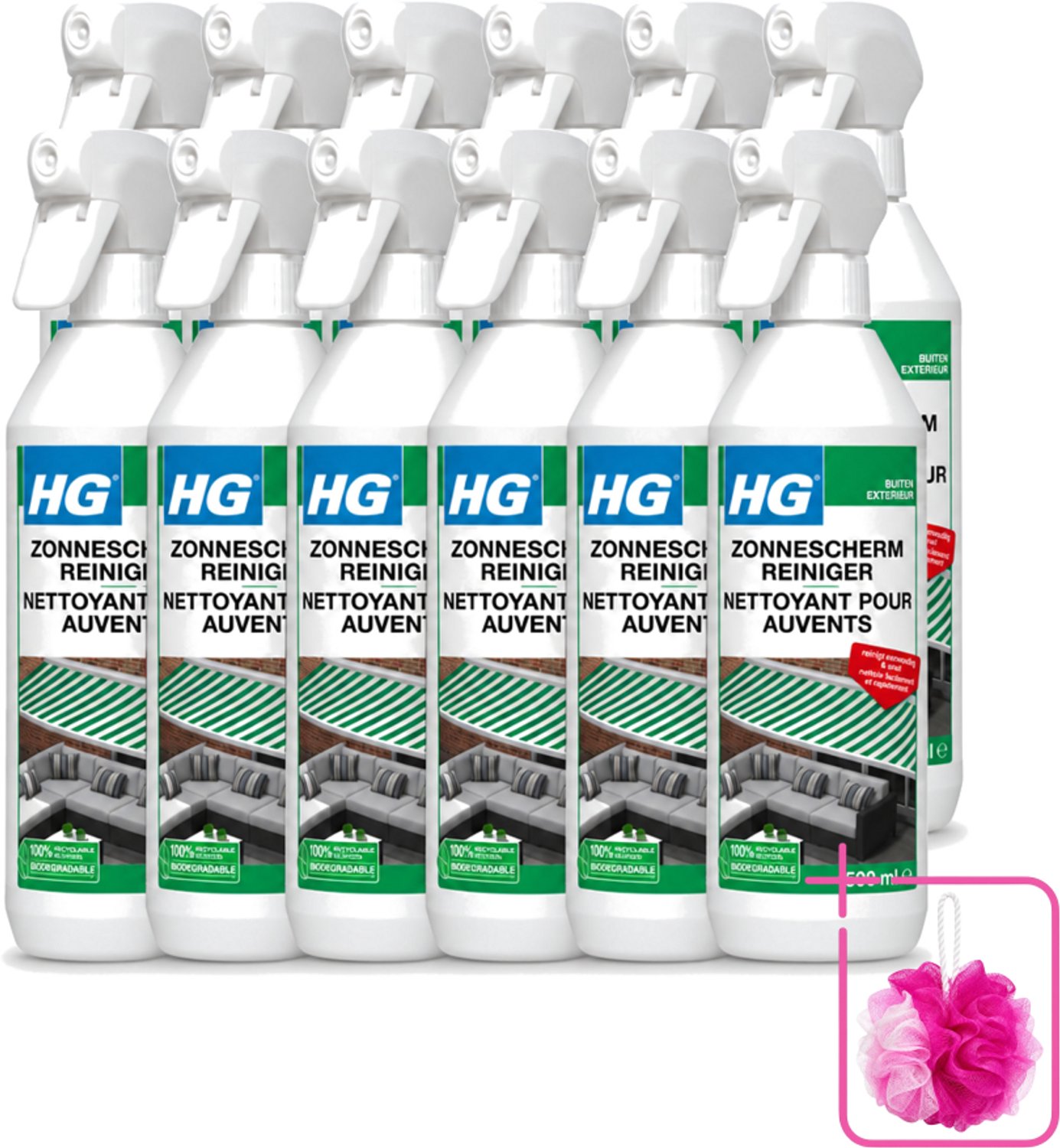 12 x HG - Buiten - Zonneschermreiniger - Reinigt Eenvoudig & Snel - 500 ml - Bulkverpakking - Zonnescherm reinigen - Douchemop - Buitenstoffen reinigen